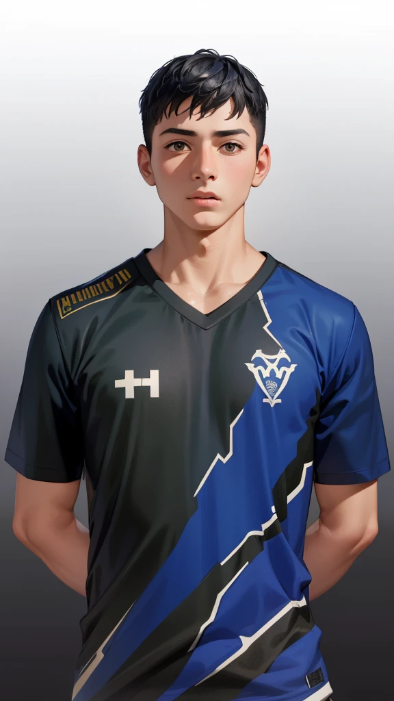 A boy wearing a beautiful navy blue football shirt with a small living water on it, 4k image