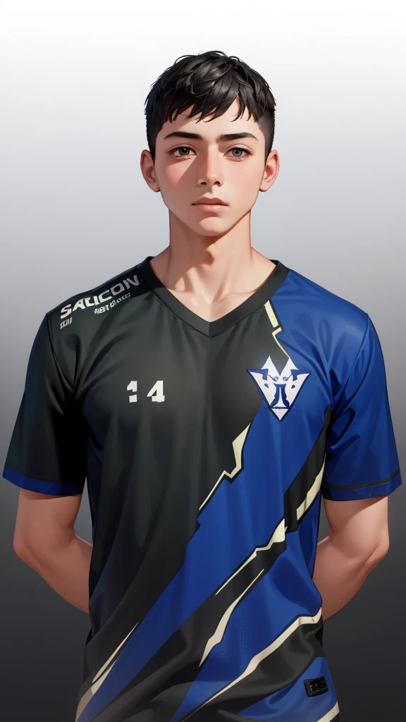 A boy wearing a beautiful navy blue football shirt with a small living water on it, 4k image