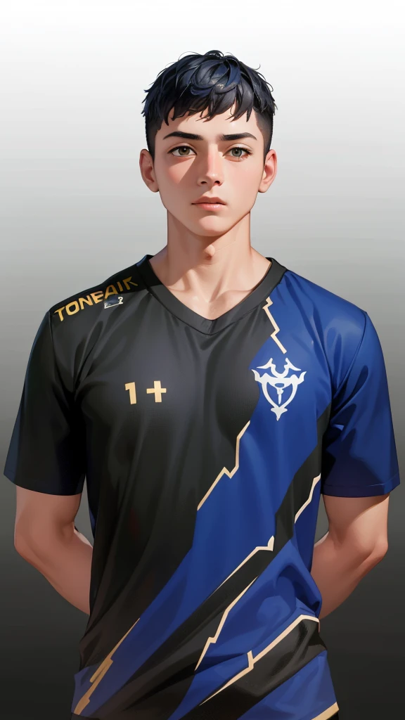 A boy wearing a beautiful navy blue football shirt with a small living water on it, 4k image