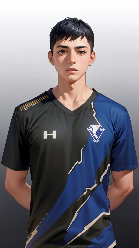 A boy wearing a beautiful navy blue football shirt with a small living water on it, 4k image