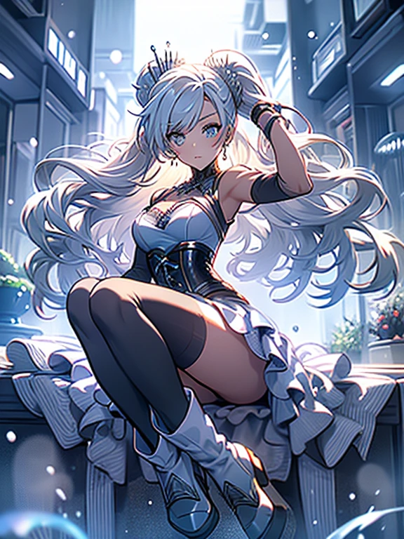 Masterpiece, Best Quality), 1 girl, weiss_snow, layer, dress, white layer, crescent blanco, Boots, shackles, ice crystals, snowflakes, corset, ice forest