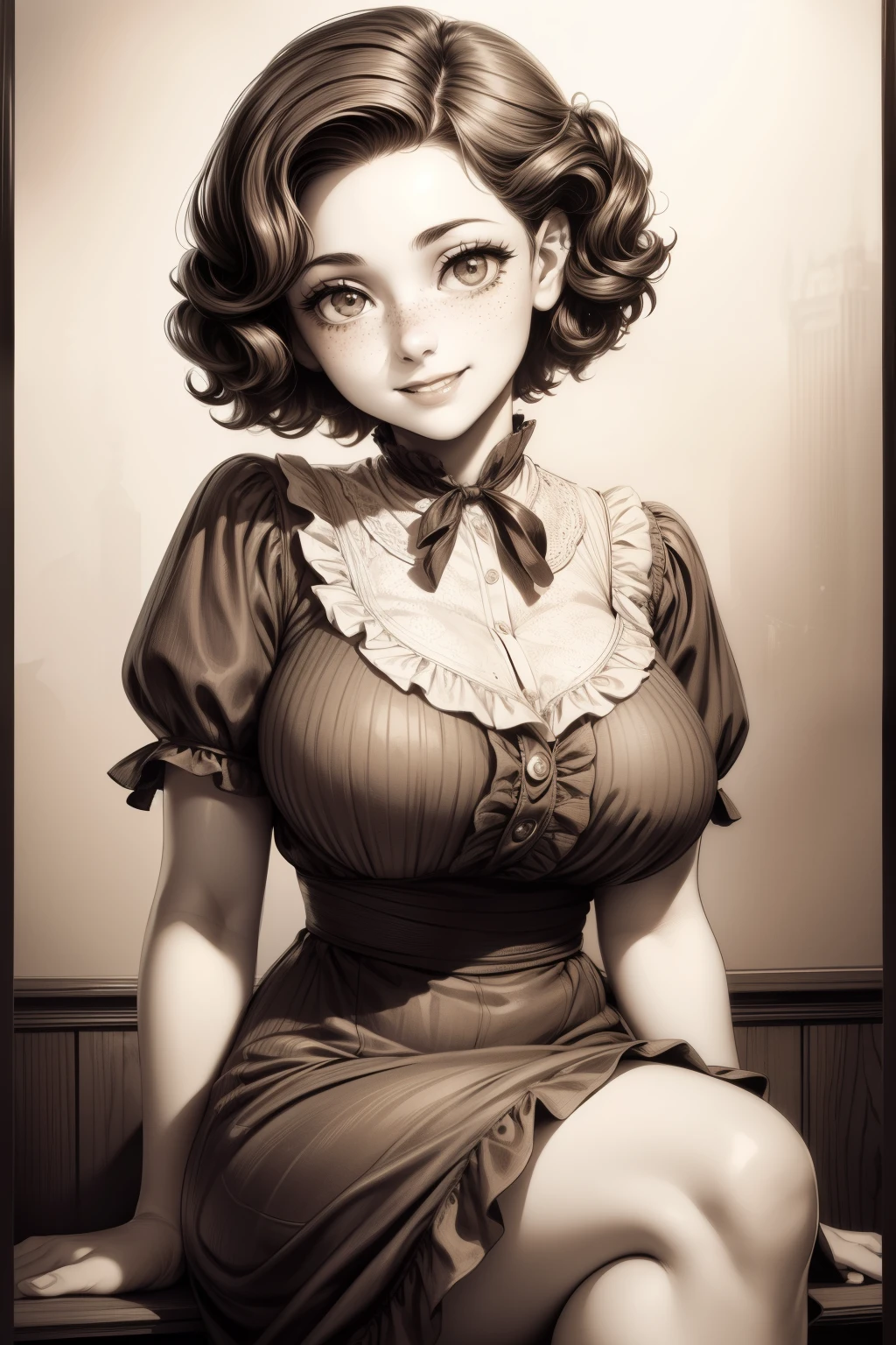 (masterpiece), best quality, expressive eyes, perfect face, Artwork, best quality, ultra-detailed, 1girl, short hair, 1930s vintage poster, monochrome dress, vintage color palette, curly hair, hand drawing art, portrait, dress with ruffles, smiling smile, freckles on face, cute smile, ((old photo effect)), 30s woman, large breasts, sitting drinking tea, ((sepia effect))