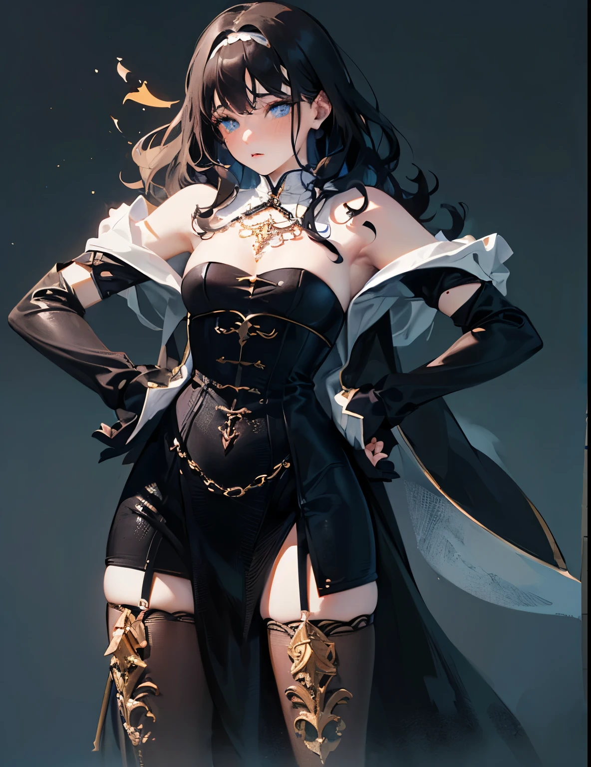 1girl, breasts, hat, solo, staff, magic, cleavage, gloves, holding, pantyhose, jewelry, witch, earrings, standing, dress, witch hat, pointy ears, high heels, long hair, simple background, full body, large breasts, bare shoulders, black hair, elbow gloves, looking at viewer, holding staff, white background, brown hair, black gloves, blue eyes