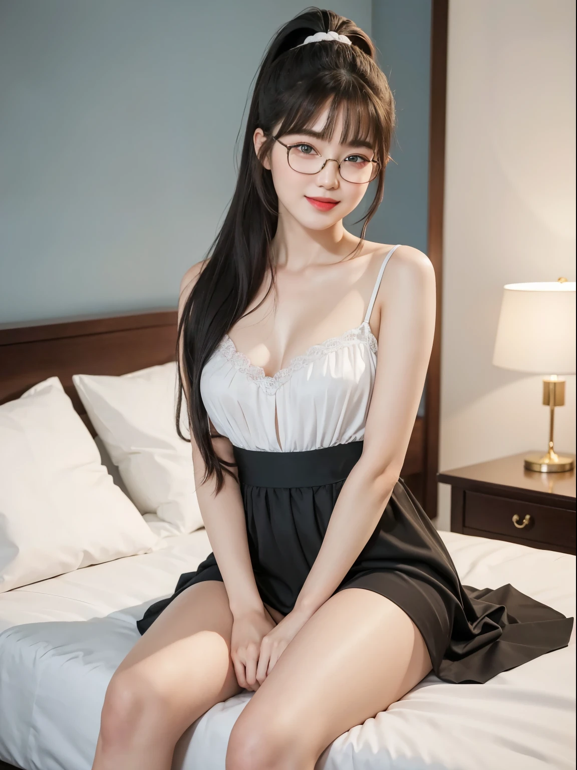 (Best quality, masterpiece, detailed), (RAW, 4k, hd images), shy, 1 girl, , white skin, long hair, ponytail, layers hair, bangs, black hair, beautiful girl, cute girl, sweet girl, pretty girl, perfect girl, perfect body, pretty eyes, blue eyes, thin lips, (eye line, lip stick soft), perfect , glasses(detailed frame), indoors, smile, thigh, legs, long legs, gown, sitting on the bed, white wall background, pose like a model, full body, night light