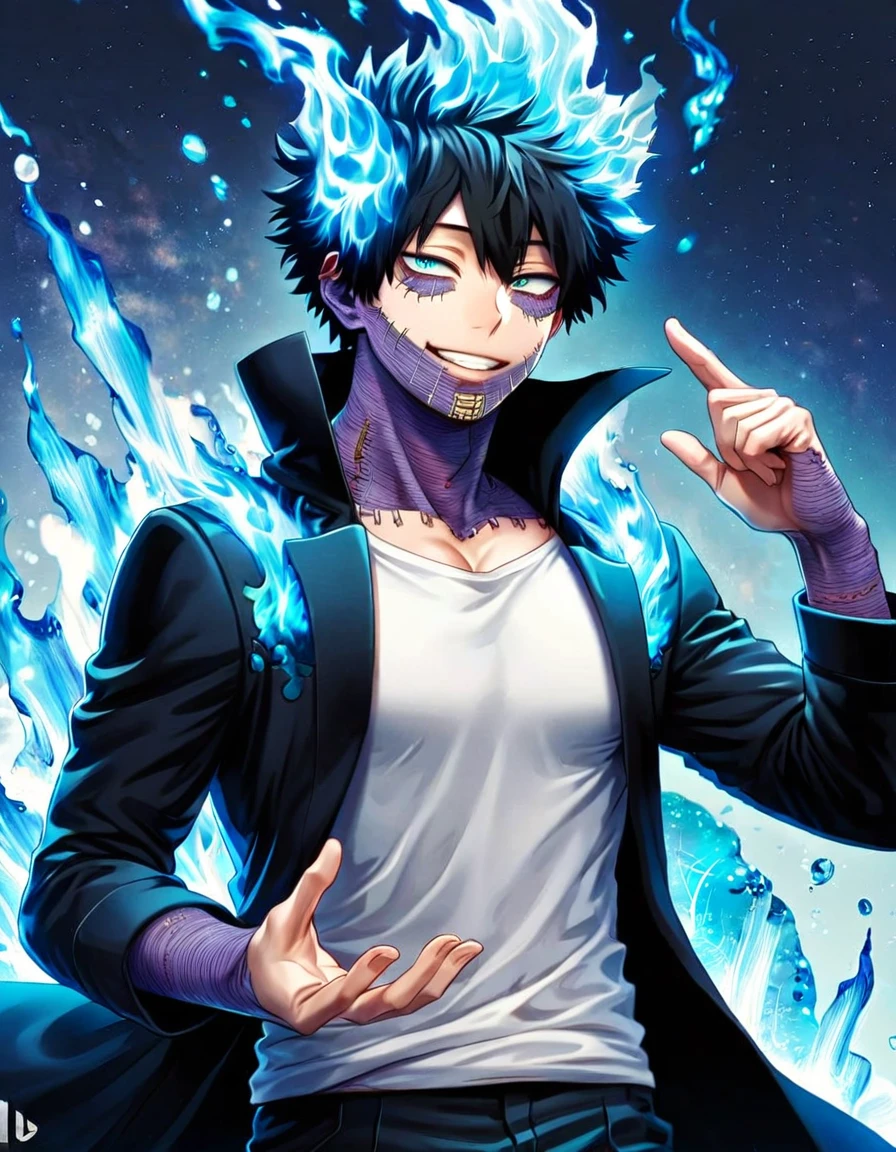 absurdres, highres, ultra detailed, HDR, master piece, best quality, extremely detailed face, delicated features, Dabi, black hair, expressive turquoise eyes, Boku No Hero Academia, sexy man, solo, handsome, smiling, black coat with high collar, white T-shirt, black pants, fantasy, magical, blue fire, starry sky, blue lights, water, blue flames background, blue background