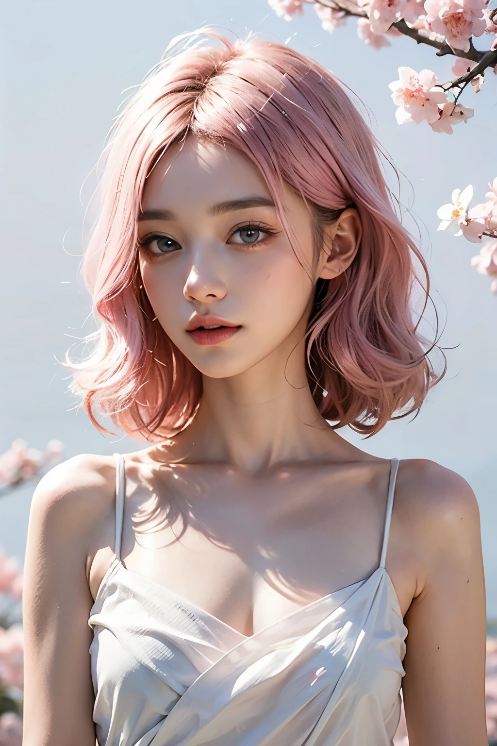 Light pink hair, Pink Eyes, Pink and white, Sakura Leaves, Bright colors, White Dress, Paint splatter, Simple background, Ray Tracing, curls