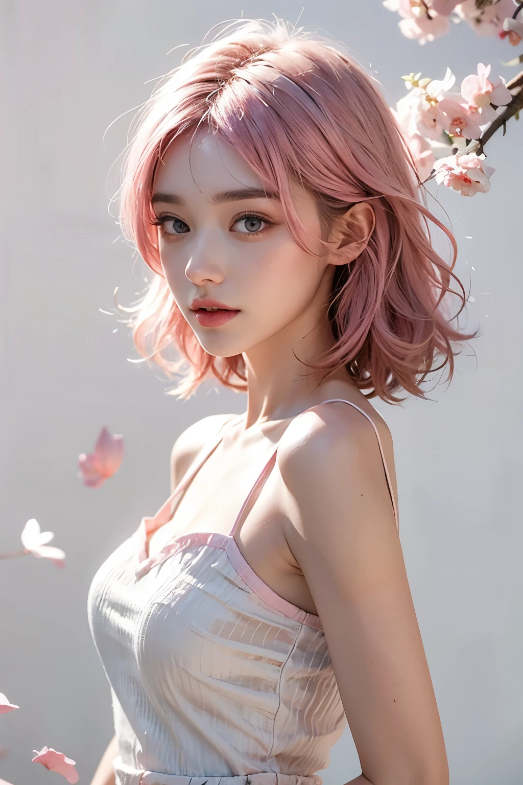Light pink hair, Pink Eyes, Pink and white, Sakura Leaves, Bright colors, White Dress, Paint splatter, Simple background, Ray Tracing, curls