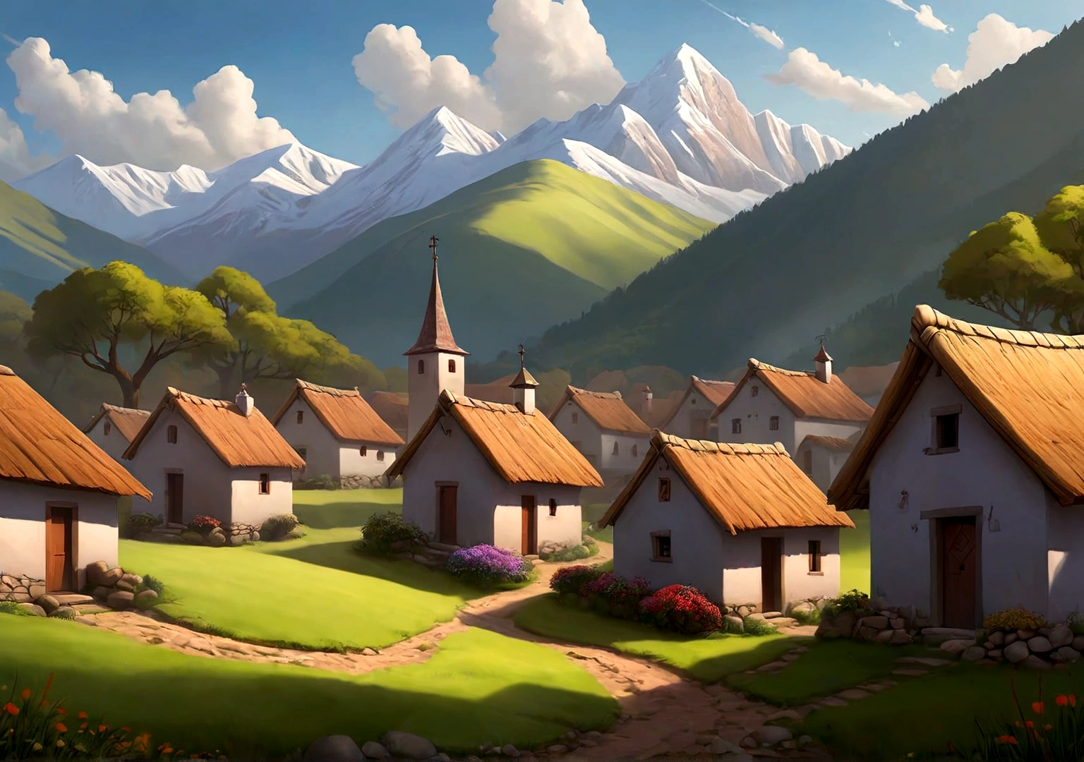 Create an illustration of In a quiet village nestled between mountains