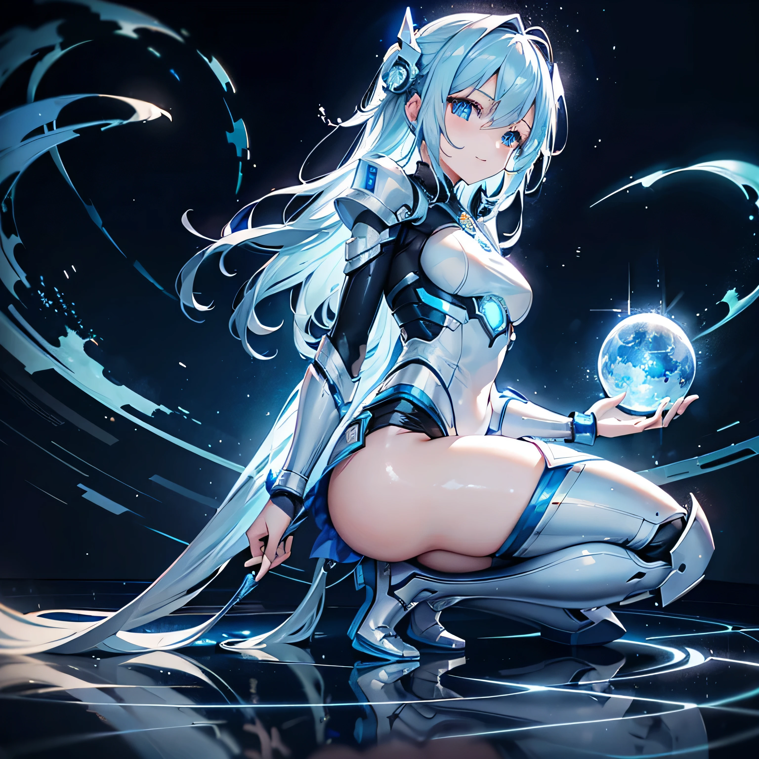 8K, Highest quality, (real:1.4), Original photo, 1 girl, Asari Hair, Biological Amplifier, Very sleek and futuristic armor, posture: Peace talks between warring factions,,attention arousal, smart blue eyes,A modest smile,Knee-high boots,Patent-look blue tights,Blue big moon and blue light swirl in the background,Blue light from behind,blue light magic,A small, glowing blue ball in the palm of your hand,Blue flame swirl,Blue Comet,Polished floor,