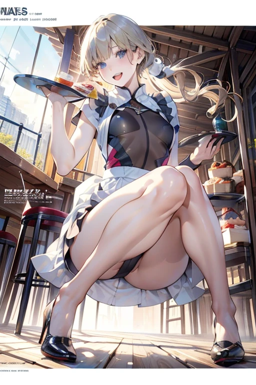 (from below:1.2),22 year old beautiful girl,Purplish blue eyes that dreamers desire,(Blonde hair) ,Longhaire,Twin-tailed,Braids, Hairline,small stature, (masutepiece:1.2, Best Quality),(finely detailed beautiful eye: 1.2),(beautifull detailed face),(perky chest:1.1),(pointed chest:1.2),(cakes magazine cover:1.5),(Best Illumination, extremely delicate and beautiful),sexy pose, in a bar counter,Ultra Contrast,Braid a little around the ears, White long dress, (very detailed),(Raw photo, highest quality),(realistic, Photoreal:1.3), high detail, very detailed complex 3D rendering of face, (very detailed skin:1.2), dynamic angle, fire glow effect, professional lighting, side light, cinematic light, a super high resolution, 8K , best shadow, particles of light, Fine skin texture, detailed face, intricate details, Super detailed, shine, Please reconsider, full body,, beautiful face, shiny skin, thin, nice companion, delicate body, thin legs, naked apron, ((crawl on all fours:0.5)), beautiful back, butt,little turn around, (A picture from a very little behind:0.3), bend the body, the skirt is floating in the wind:1.4, Dark purple panties, thin Pubic hair ,highest quality, high resolution, Real World, Natural light, perfect Natural Light,Realistic, (cute, perfect clothes, skimpy clothes:0.3, cute: 1.3) ,narrow waist,(with sparkling eyes and a contagious smile), open mouth, looking at viewer,