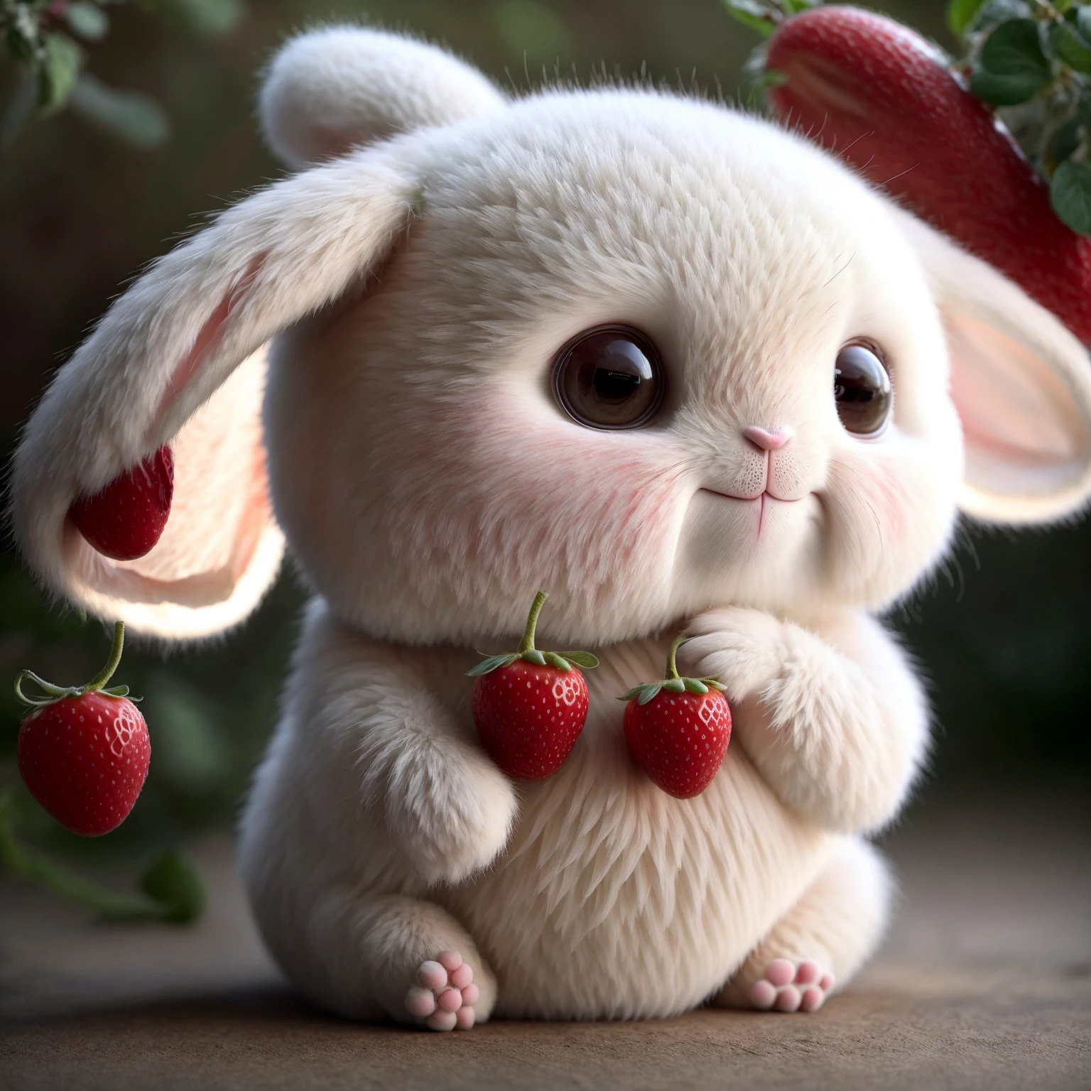 : 3. Rabbit, realistic, furry animal, an apple, black eye, blush, cherry, food, fruits, whole body, It has, inhuman, strawberry, tomato, water melon