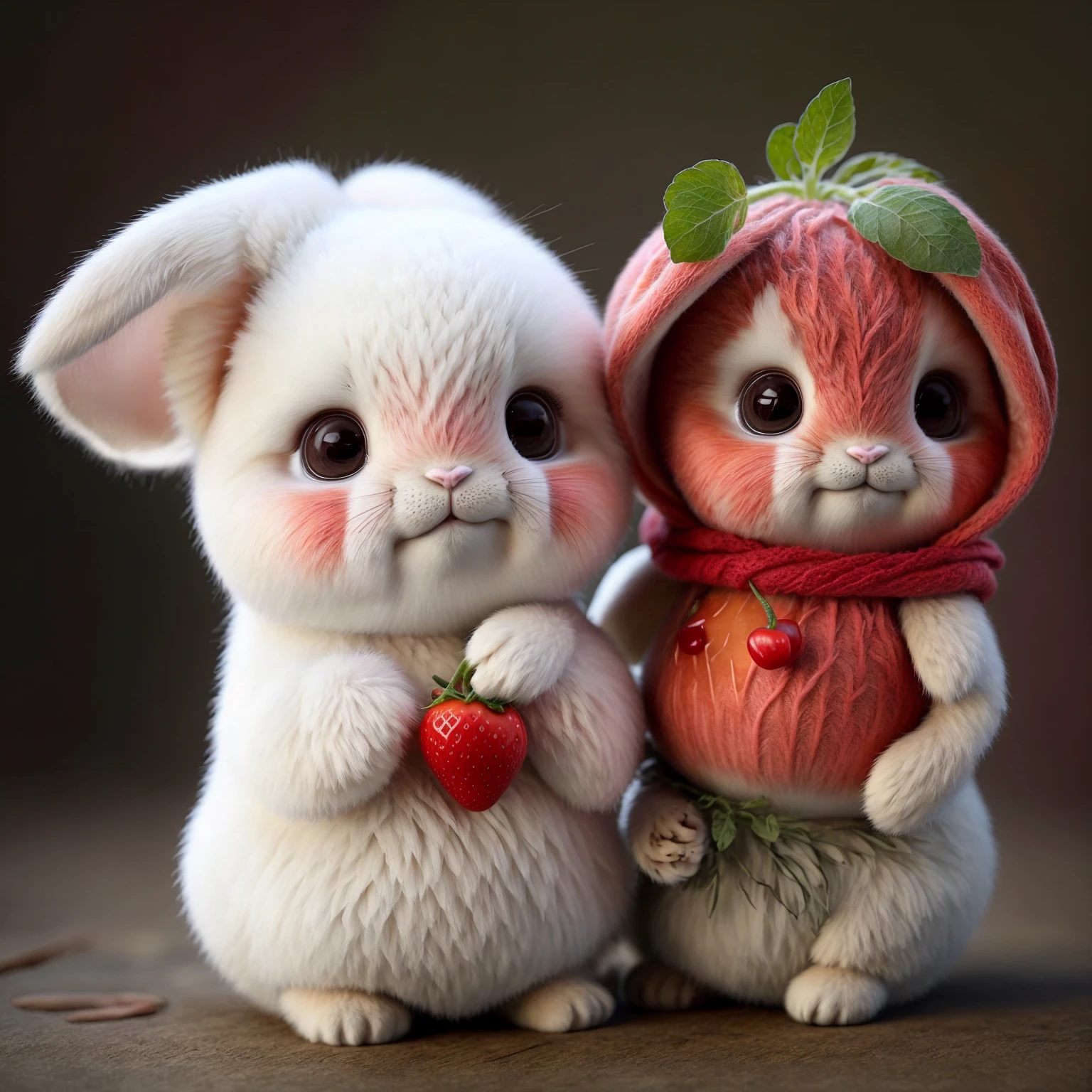 : 3. Rabbit, realistic, furry animal, an apple, black eye, blush, cherry, food, fruits, whole body, It has, inhuman, strawberry, tomato, water melon
