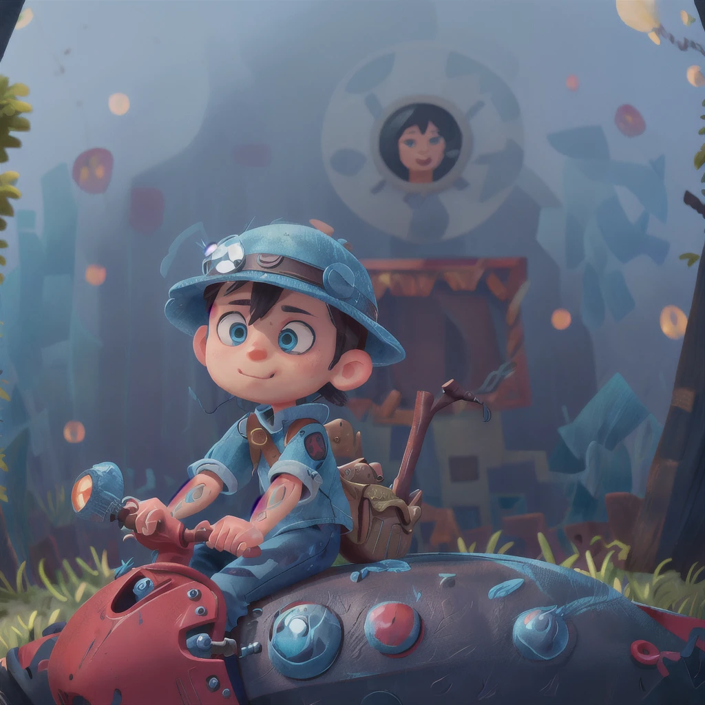A boy, blue motorcycle, road, black clothes, witch's hat (masterpiece: 1.2) (realistic: 1.2) (bokeh) (best quality) (detailed skin: 1.3) (intricate details) (8K) (detail eyes) (sharp focus) 