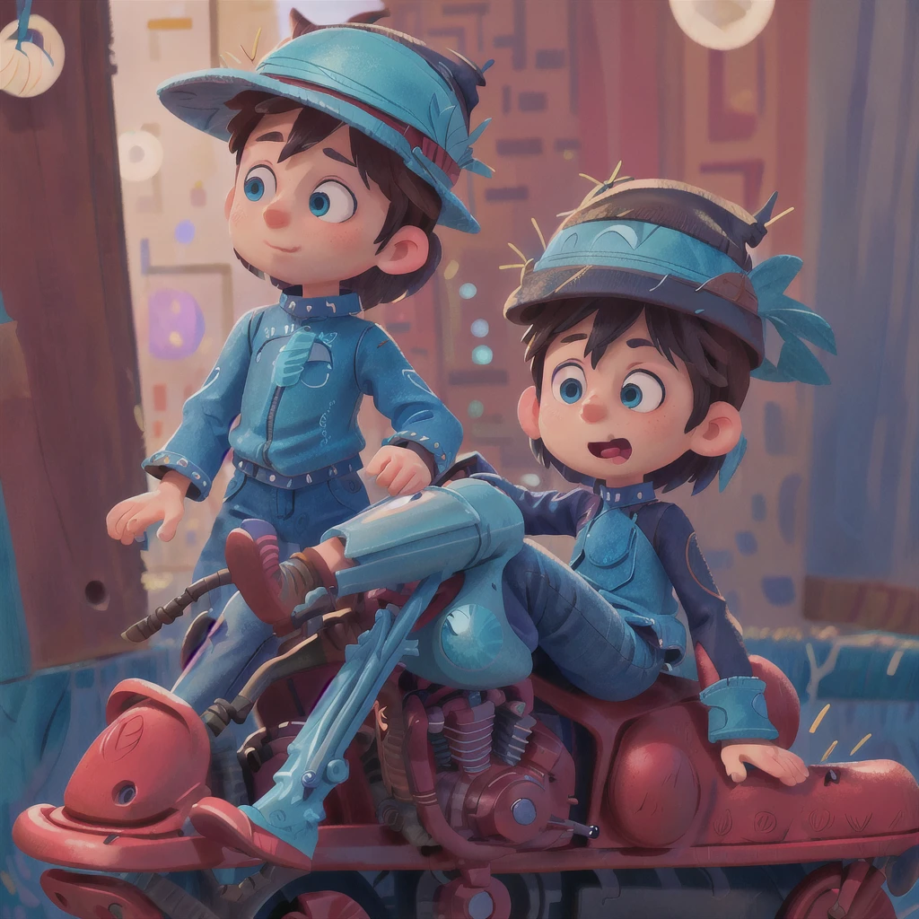 A boy, blue motorcycle, road, black clothes, witch's hat (masterpiece: 1.2) (realistic: 1.2) (bokeh) (best quality) (detailed skin: 1.3) (intricate details) (8K) (detail eyes) (sharp focus)