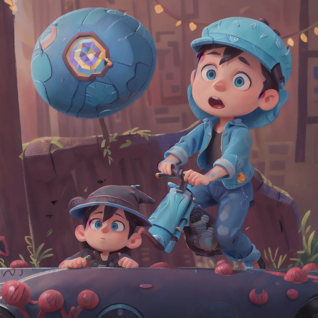 A boy, blue motorcycle, road, black clothes, witch's hat (masterpiece: 1.2) (realistic: 1.2) (bokeh) (best quality) (detailed skin: 1.3) (intricate details) (8K) (detail eyes) (sharp focus)