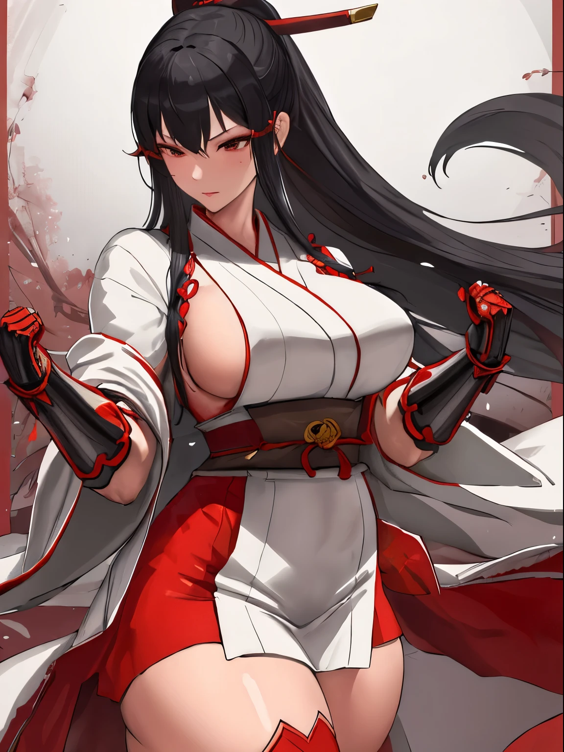 msmkazumi, robe,hot, sexy, ,dramatic lighting, illustration by JUNNY, Detailed, Detailed background, Dojo, Black hair, thick thighs, nice figure, gauntlets, Red and white outfit, rule of 3rds, line art, hand drawn, natural style,
