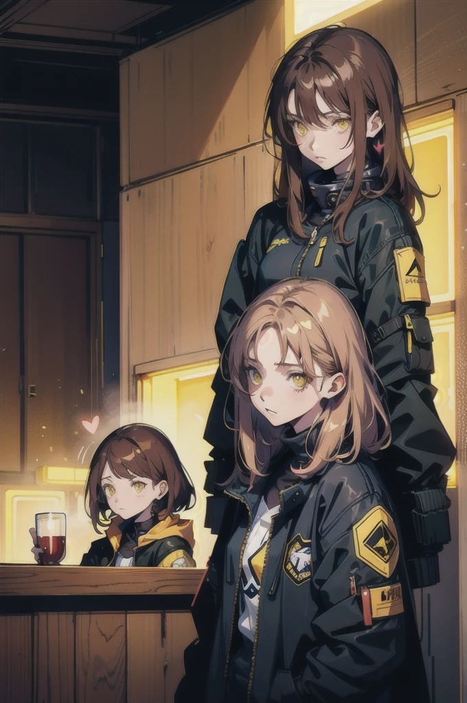mature female, expressionless, bar, leaning against wall, interior, wooden interior, 2girls, brown hair, shoulder-length hair, yellow eyes, respirator, (black jacket:1.2), (glowing heart:1.2)