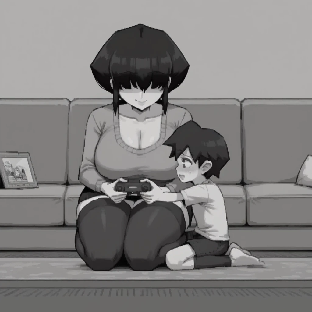 score_6, score_5, score_4, score_9, score_8_up, score_7_up, size difference, age difference, 1girl, huge breasts, cleavage, short hair, black hair, eyes covered with hair, long woolen black sweater, long stockings, shota, smile, playing videogames, couch, tv, woman grab bulge of shota,