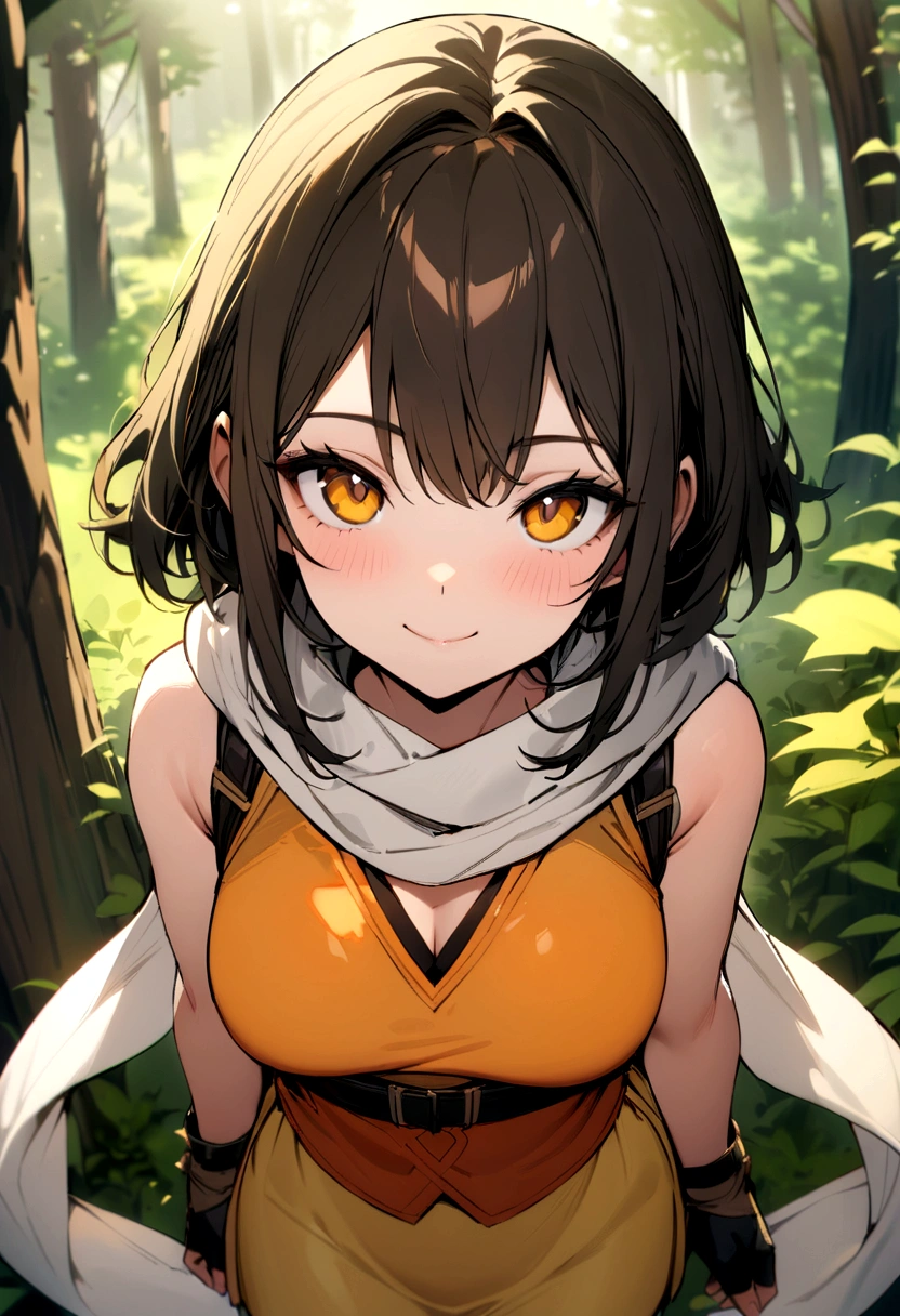 masterpiece, best quality, feMist, white scarf, orange vest, yellow dress, fingerless gloves, upper body, forest, looking at viewer, from above, smile, closed mouth 