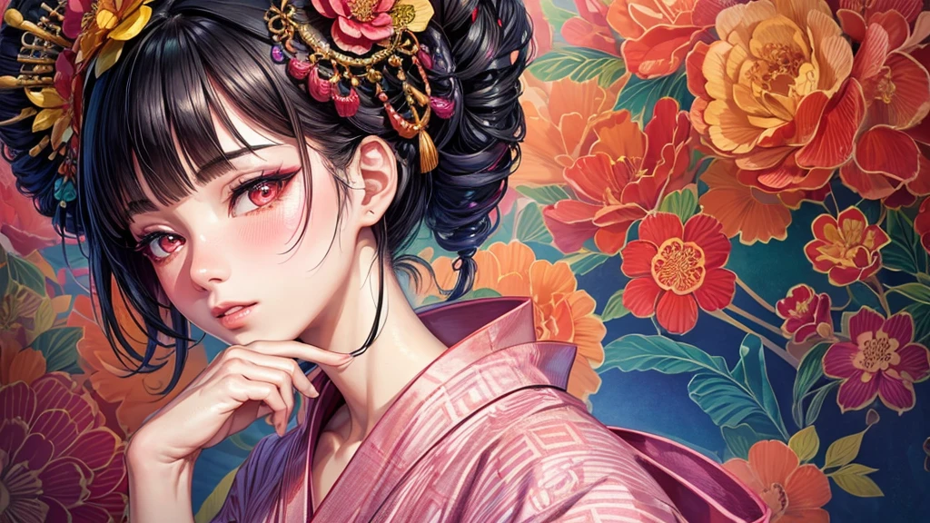 a beautiful detailed girl in a colorful naked yukata, black hair, detailed face, detailed eyes, detailed lips, delicate facial features, elegant pose, detailed hand and fingers, full body, intricate yukata print and patterns, detailed folds and textures, vibrant colors, natural soft lighting, 8k, masterpiece