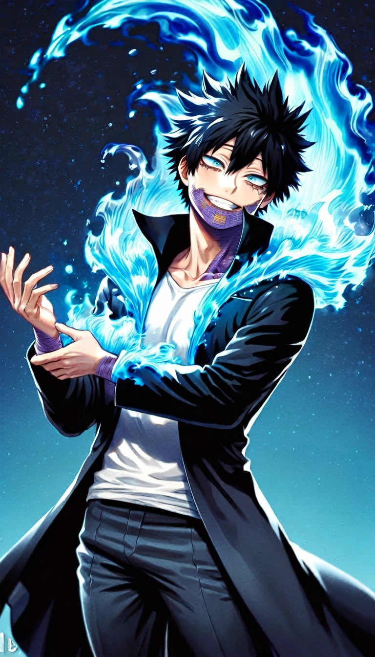 absurdres, highres, ultra detailed, HDR, master piece, best quality, extremely detailed face, delicated features, Dabi, black hair, expressive turquoise eyes, Boku No Hero Academia, sexy man, solo, handsome, smiling, black coat with high collar, white T-shirt, black pants, fantasy, magical, blue fire, starry sky, blue lights, water, blue flames background, blue background