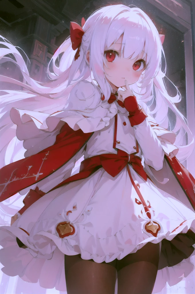 beautiful illustration, best quality, cute petit girl, (transform sequence), transform magical girl, chibi, white magical girl, fractal art, albino, babyface, long pure white and red mesh hair, beautiful detailed red eyes, cinematic lighting, cowboy shot, looking at viewer, from bottom, happy