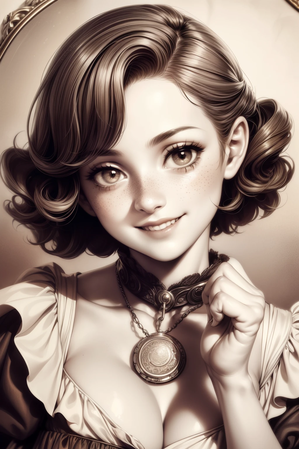 (masterpiece), best quality, expressive eyes, perfect face, Artwork, best quality, ultra-detailed, 1girl, short hair, 1930s vintage poster, monochrome dress, vintage color palette, curly hair, hand drawing art, dress with ruffles, smiling smile, freckles on face, cute smile, ((old photo effect)), large breasts, ((sepia effect)), breasts larger than head, ((portrait in a medallion)), ((locket)), ((pic in locket)), pov hands, ((portrait in round medallion))