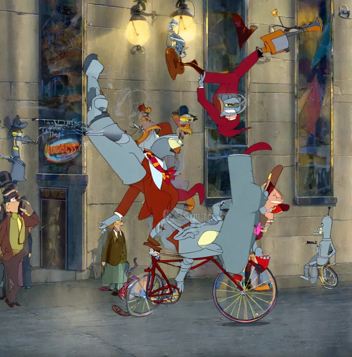 Bender, playing horn, red top hat, red tie bow, riding unicycle, New York City on 1939 ad