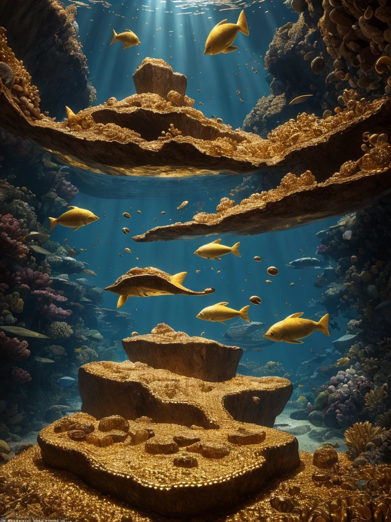 Within the glistening confines of a gold cave, piles of shimmering ore lie stacked like treasures waiting to be discovered. The scene is depicted in a playful manner, capturing the essence of a hidden world of riches. Every nugget of gold exudes a sense of lightheartedness and joy, inviting viewers to imagine themselves diving into this enchanting realm.