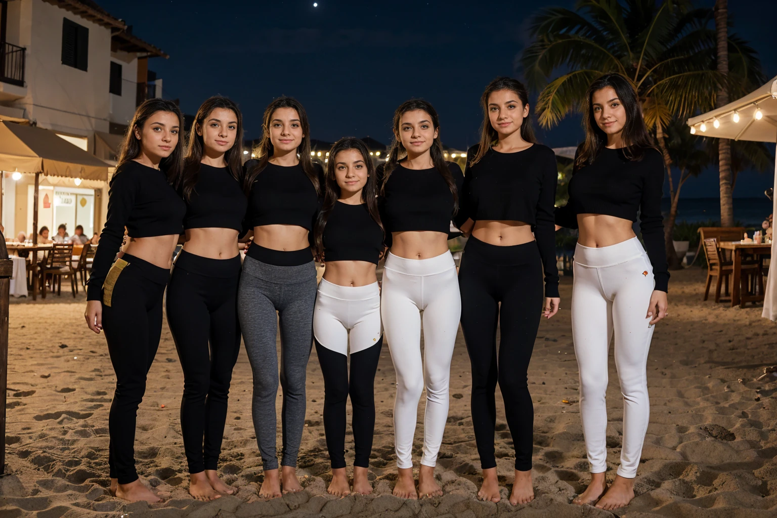 A group of five italian  girls, 11 Yeaach bar, different colours Jumper, wearing Black Yoga pants, standing, front view, full body, barefeet, night