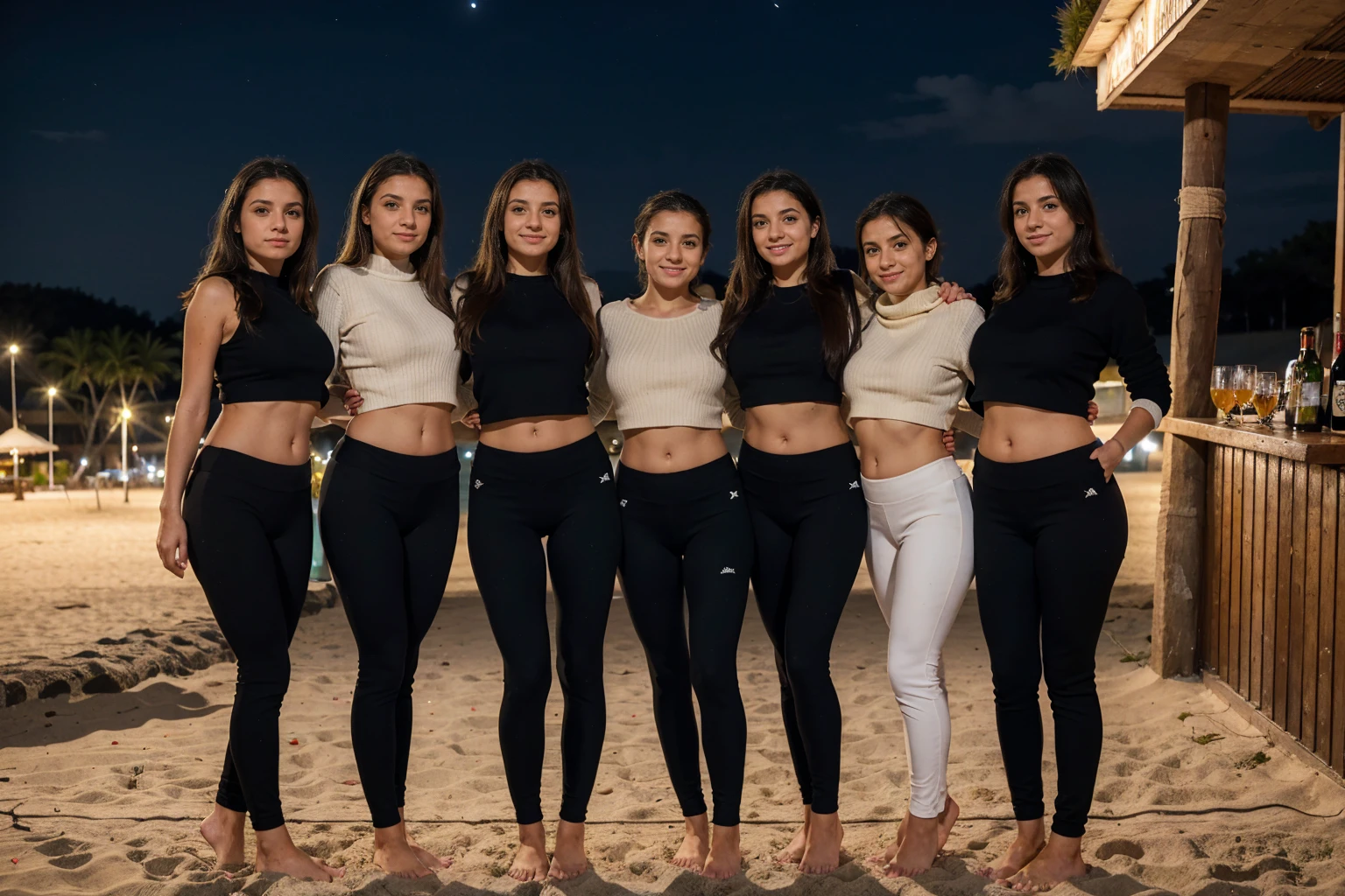 A group of five italian Little girls, 11 Years d, beach bar, different colours Jumper, wearing Black Yoga pants, standing, front view, full body, barefeet, night