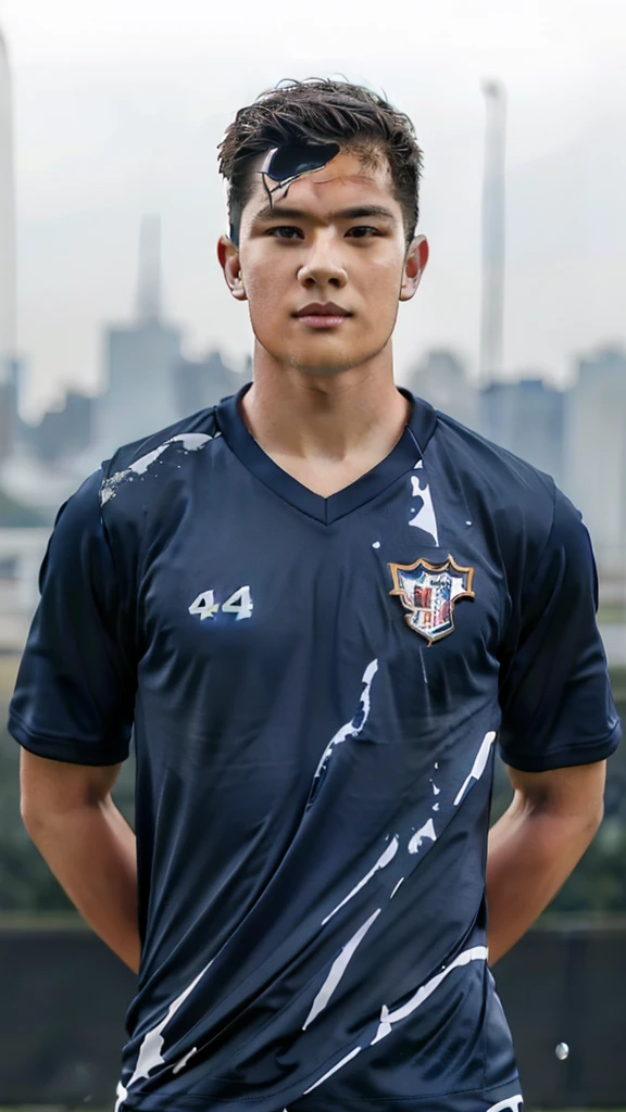 A boy wearing a beautiful navy blue football shirt with a small living water on it, 4k image