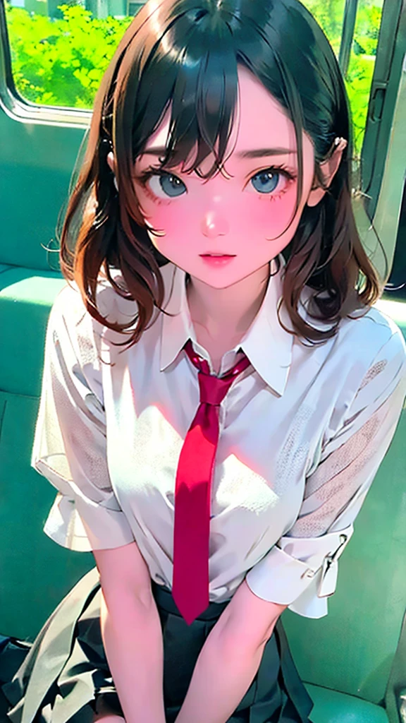 (masterpiece, Highest quality:1.2), 8K, years, 85mm, Official Art, RAW Photos, Absurd, White dress shirt, Pretty face, close, Upper Body, Violet, Gardenias, beautiful girl, , (Navy Pleated Skirt:1.1), Squeeze the waist, Thighs, Short sleeve, in the train, Sitting on a bench seat, View your viewers, No makeup, (smile:0.4), Film Grain, chromatic aberration, Sharp focus, Face Light, Bright lighting, Teen, Detailed face, Bokeh Background, (Dark red tie:1.1)