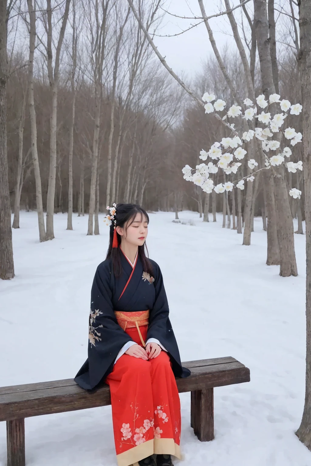 realistic,score_9, score_8_up, score_7_up, BREAK,
The image depicts a serene scene of a woman dressed in traditional Hanfu sitting in the snow. She is wearing a Hanfu with a blend of light blue and dark blue, complemented by a matching belt. The woman is seated cross-legged on a twisted, brown tree branch, with the tree’s branches contorted and adorned with white flowers. She has an ornate hairpin in her hair and appears to be enjoying the moment, eyes closed. In her hands, she holds a few plum blossoms. The background features a white snowscape and a small river, with several trees in the distance also bearing white flowers.