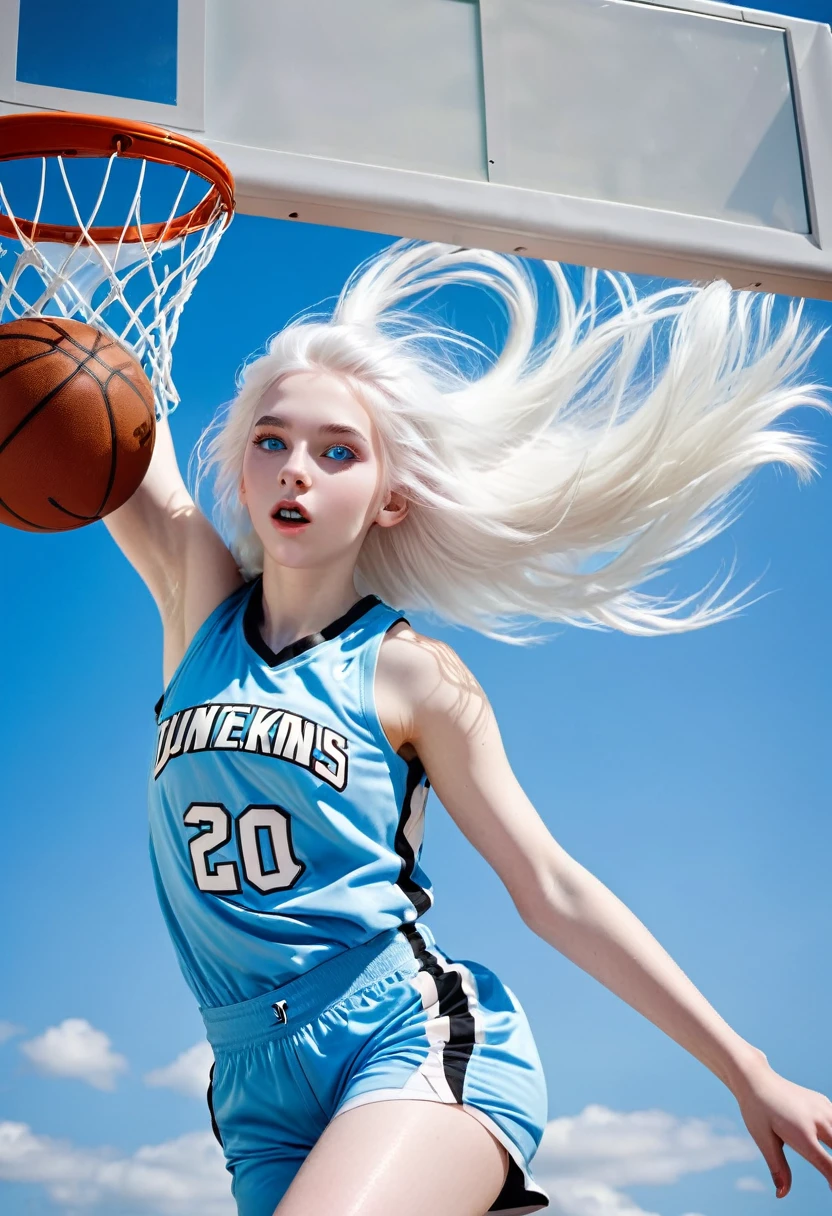  woman with white hair and light blue eyes with white skin dunking in basketball 