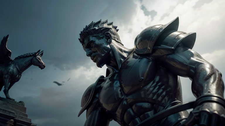 The atmosphere is thick with tension and drama. The fate of humanity hangs in the balance in this epic battle, and the stoic statue observes everything with an imperturbable calm, as a symbol of the inner strength and wisdom that can overcome even the most arduous challenges.