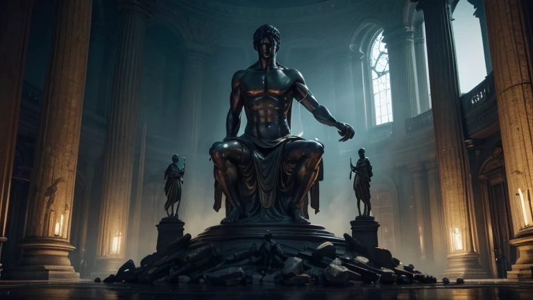 Hyper realistic Renaissance statue by Michelangelo, 4k, 1980x1080, 2K, real, vaporwave, (A statue with a countenance of pain in a static falling position) gothic art, darkeness, trevas, demonio (cores escuras) (horror) (Drama)