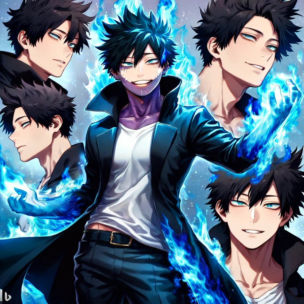 absurdres, highres, ultra detailed, HDR, master piece, best quality, extremely detailed face, delicated features, Dabi, black hair, expressive turquoise eyes, Boku No Hero Academia, sexy man, solo, handsome, smiling, black coat with high collar, white T-shirt, black pants, fantasy, magical, blue fire, starry sky, blue lights, water, blue flames background, blue background