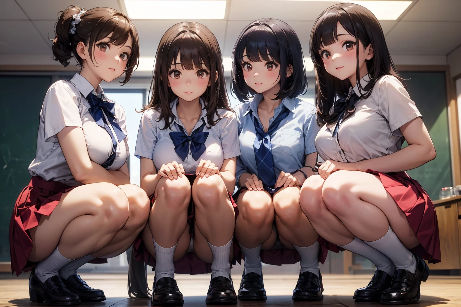 Squatting,from the front, {{{Showing panties:2.0}}},Pay attention to the panties,School Shirt,, Wide-angle
,(Masseter muscle area, Highest quality),Absurd, (Three Girls),Squat,eight-headed body, School locker room, mini skirt,, 赤いPleated skirt,赤いPleated skirt,{{White loose socks}},Browsing Caution,((Tabletop,High resolution)), Best lighting, Best Shadow,Low angle, (Tabletop:1.2), Highest quality, High resolution, unity 8k wallpaper, (figure:0.8), (Beautiful fine details:1.6), 非常にDetailed face, Perfect lighting, Highly detailed CG, (Perfect hands, Perfect Anatomy) 、(Three Girls), (Highest quality), (Super detailed), (Detailed light), (Very delicate and beautiful), Brown Hair, Brown eyes, model, (Beautiful big boobs:1.3), Bare shoulders, (Bare Chest:1.2), (High School Uniform, Pleated skirt:1.3), (High with wide open breasts:1.4), Highest quality, Highly detailed CG synthesis 8k wallpaper, High resolutionRAWカラー写真, Professional photography, (((Bokeh))), Depth of written boundary, White panties、Brown Loafers、smile、明るいclassroom、(((With 3 people))),(((3 girls))), Slim and beautiful thighs, Highly detailed skin, masterpiece, Highest quality, 非常にDetailed face, Vibrant colors, Cinema Lighting,, Three Girls, With 3 people, Brown eyes, Brown Hair, hair ornaments,short hair,Red Check Skirt,blush, White shirt, masterpiece Highest quality High resolution、Sit with your knees bent、Beautiful feet 、On campus、As if looking up from below、Embarrassing,Browsing Caution,White panties,Camel Toe、((Tabletop, Highest quality, High resolution, Pixel perfect, 4K, ))), Three Girls, With 3 people きれいな女性、I could see the whole body、 ((Short Wavy Hair, bangs, Brown Hair)), ((Brown eyes, Beautiful eyelashes, Realistic eyes)), ((Detailed face, blush:1.2)), ((Smooth texture:0.75, Realistic texture:0.65, Realistic:1.1, Anime CG Style)), Medium chest, Dynamic Angle, Perfect body, ((school uniform, White shirt, Red Skirt, Unbuttoned shirt、Red Check Skirt、White socks)), classroom、Sit at a desk、I took my feet off the desk.、smile、(Lift up your skirt with your right hand、Spread your legs、Knees wide open、white lace panties)、、(Cute Bra)、Angle from below