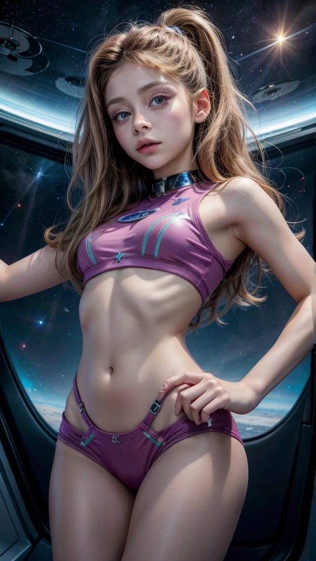 Karol Sevilla, High quality ultra-realistic image of a girl, beautiful, cara beautiful, small breasts, medium hip, perfect body, high quality details, spaceship mechanics, space, stars 