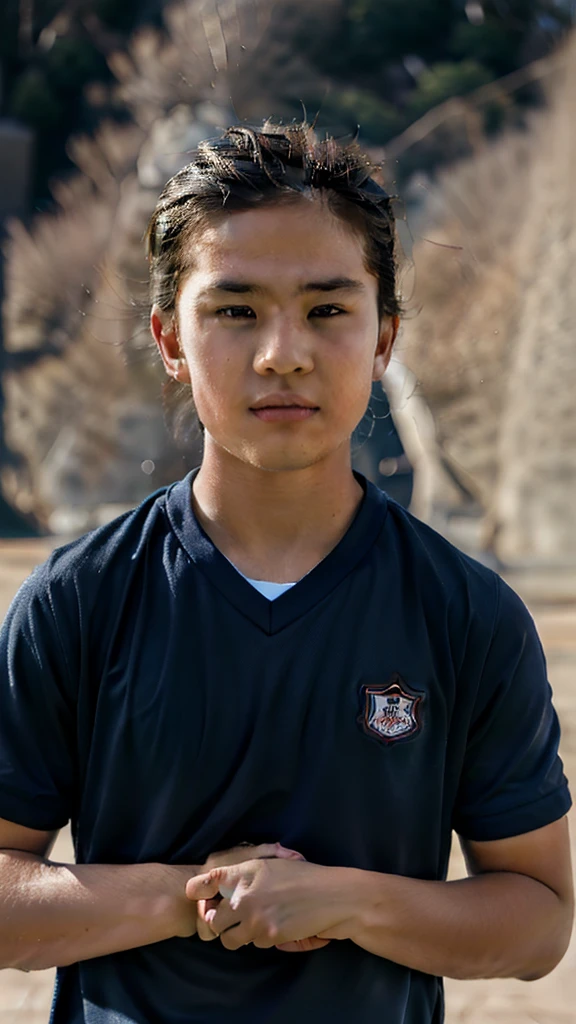 A boy wearing a beautiful navy blue football shirt with a small living water on it, 4k image