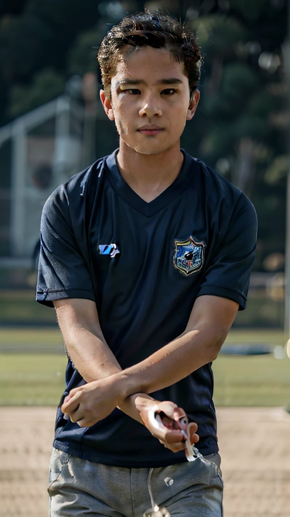 A boy wearing a beautiful navy blue football shirt with a small living water on it, 4k image