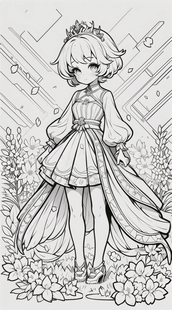  Girl, kawaii princess, standing, (Flower garden), short hair, full body, in the center of the camera, line art, black and white art .