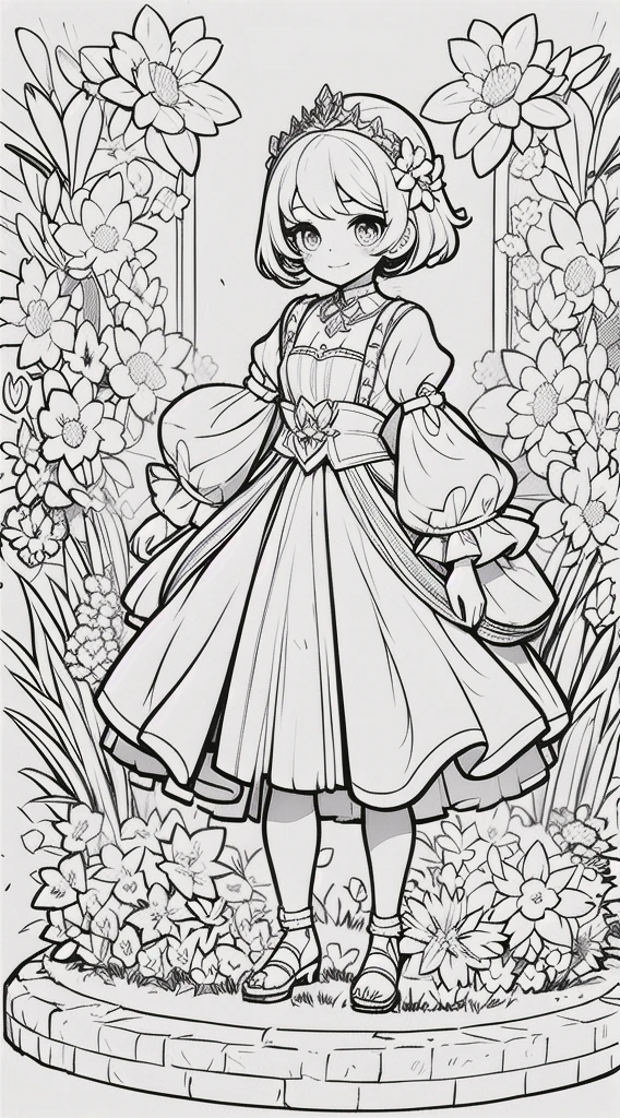 Girl, kawaii princess, standing, (Flower garden), short hair, full body, in the center of the camera, line art, black and white art .