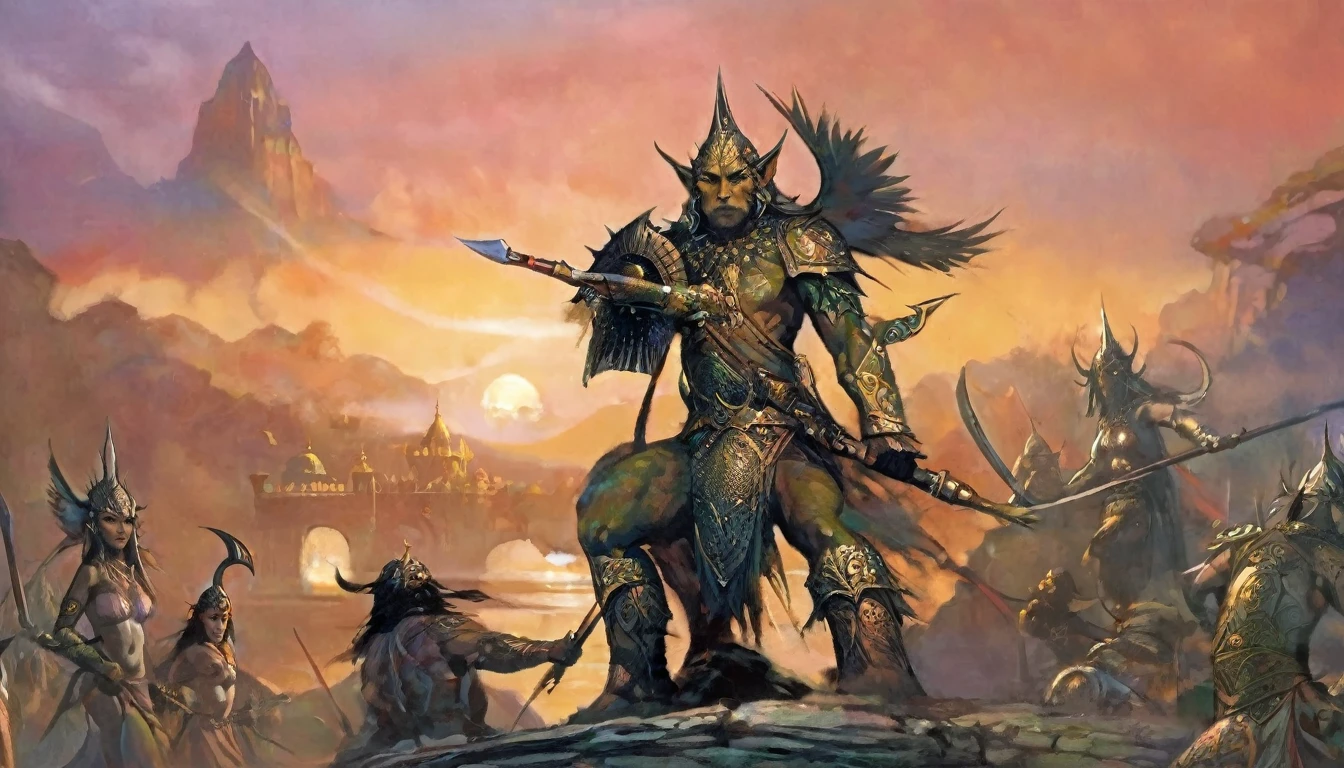 As the sun sets over the ancient elven city, a legendary warrior, with intricate tattoos covering their body, stands guard at the entrance, ready to defend their people against any threat, perfect face, perfect body