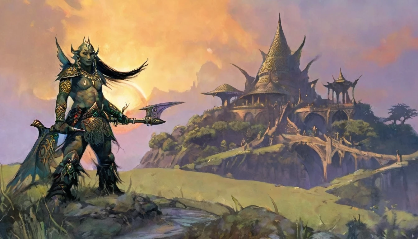 As the sun sets over the ancient elven city, a legendary warrior, with intricate tattoos covering their body, stands guard at the entrance, ready to defend their people against any threat, perfect face, perfect body