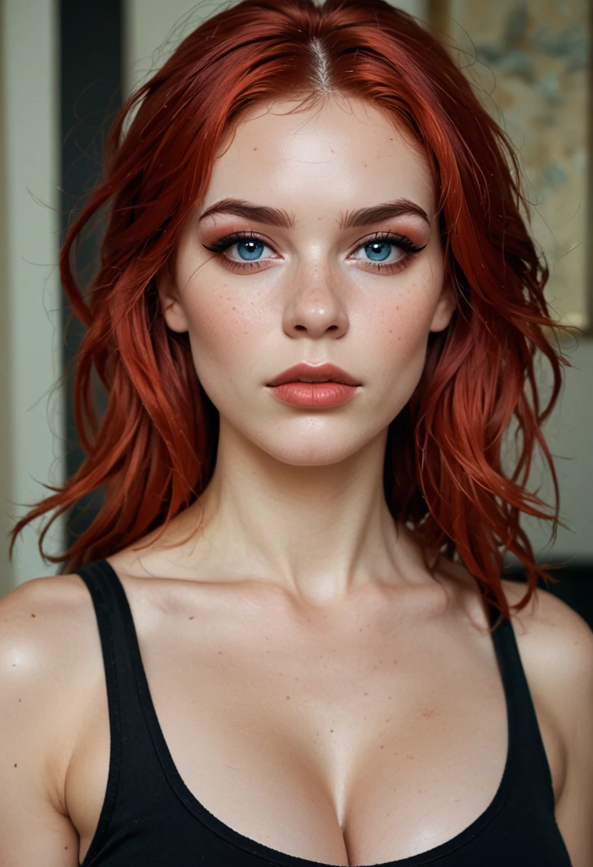 eyelashes,eyeshadow,eyebrows,blue eyes, small nose, bold lips,face,red hair,straight hair,1girl,18 years old, (face and bust portrait), pale skin, big breasts, soft breasts, black tank top, spaghettie straps, cleavage,