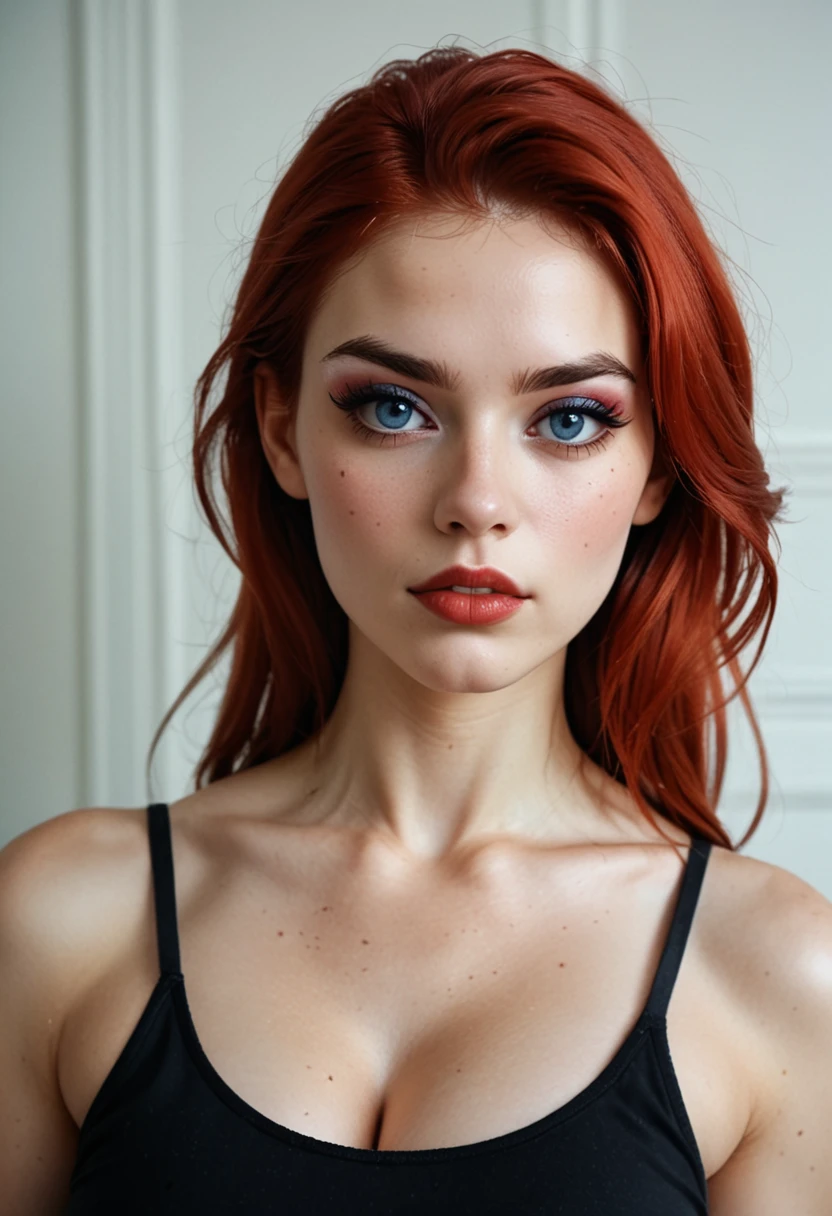 eyelashes,eyeshadow,eyebrows,blue eyes, small nose, bold lips,face,red hair,straight hair,1girl,18 years old, (face and bust portrait), pale skin, big breasts, soft breasts, black tank top, spaghettie straps, cleavage,