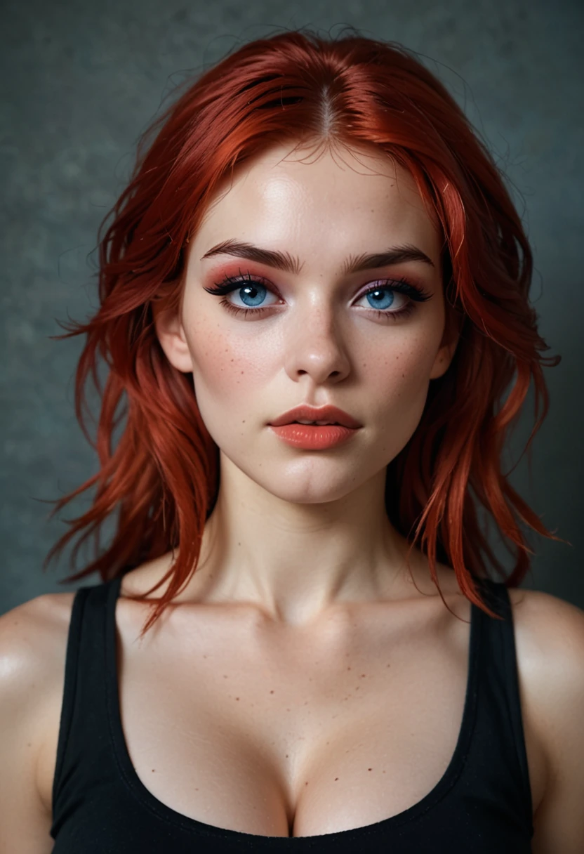 eyelashes,eyeshadow,eyebrows,blue eyes, small nose, bold lips,face,red hair,straight hair,1girl,18 years old, (face and bust portrait), pale skin, big breasts, soft breasts, black tank top, spaghettie straps, cleavage, 