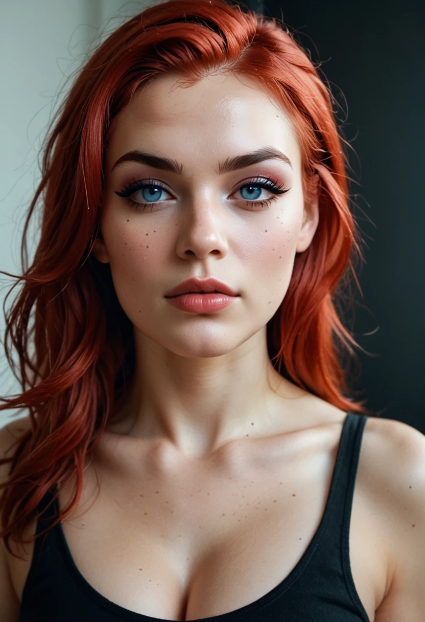 eyelashes,eyeshadow,eyebrows,blue eyes, small nose, bold lips,face,red hair,straight hair,1girl,18 years old, (face and bust portrait), pale skin, big breasts, soft breasts, black tank top, spaghettie straps, cleavage, 